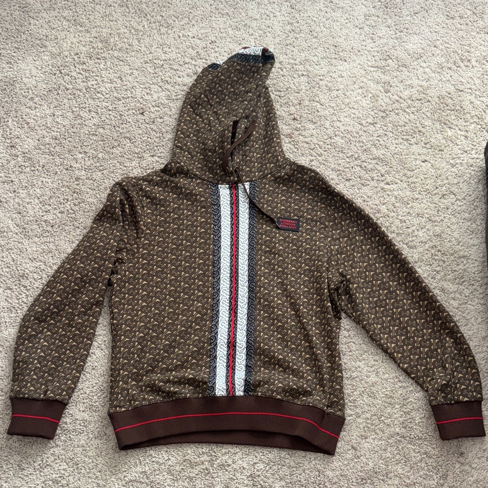 Men's Brown Patterned Hooded Sweater with Stripe Detail